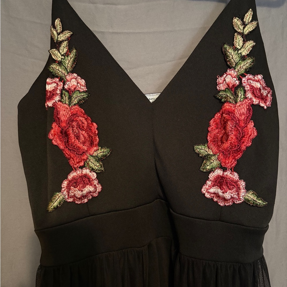 Elegant Black Floral Embroidered Romper with Train